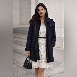 PEARL BY LELA ROSE Wool Trench Jacket W Cable Knit Sleeves Navy XS Retail $575